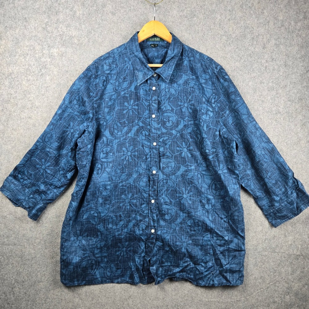 Lauren Ralph Lauren Shirt Womens 3X Blue Floral 100% Linen Button Up Coastal